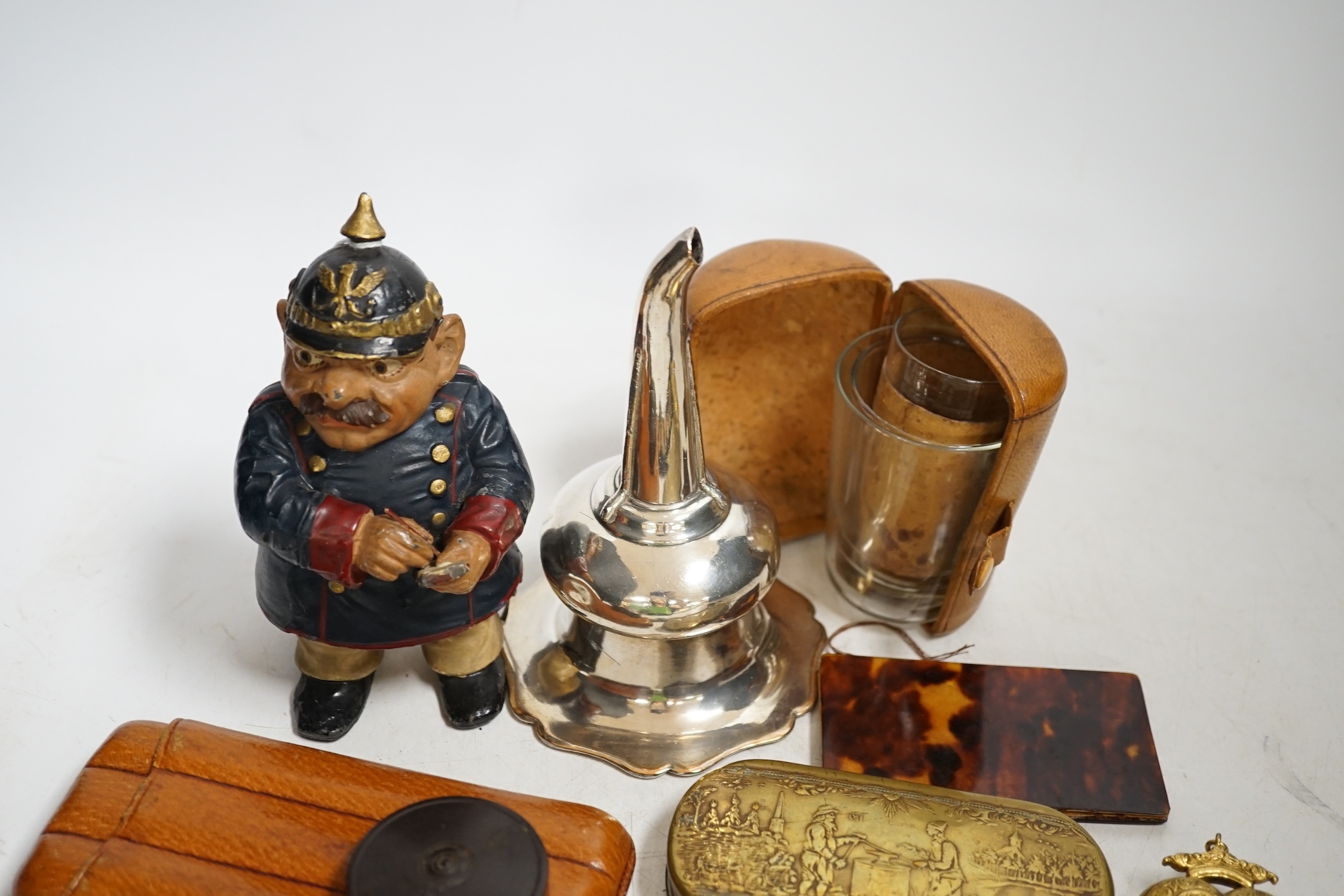 Sundry items to include a gilt metal heart shaped vinaigrette, a tobacco box, a plated wine funnel, etc. Condition - mostly fair